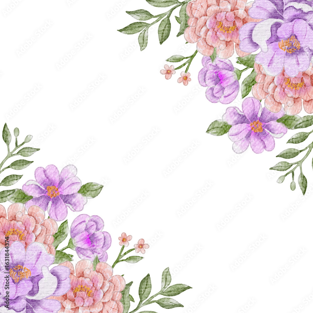 Fototapeta premium Purple and Peach Watercolor Flower Border