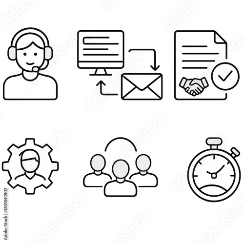 BPO Service Icons. Line style icons of business process outsourcing services: call center icon, data entry workflow, email