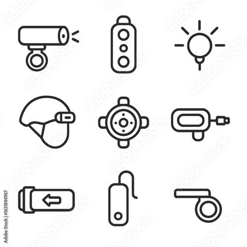 Bicycle Lighting Icons. Line style icons of Bicycle Lighting Accessories: front bike light, rear blinker, spoke LED, helmet light,