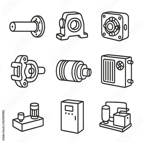 Nacelle Machinery Icons. Line style icons of Nacelle Machinery Parts: main shaft, bearing housing, planetary gearbox, permanent