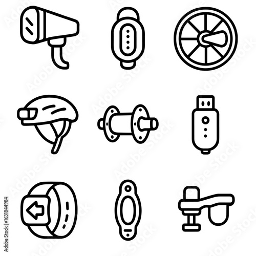 Bicycle Lighting Icons. Line style icons of Bicycle Lighting Accessories: front bike light, rear blinker, spoke LED, helmet light,