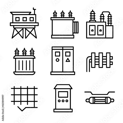 Grid Connection Icons. Line style icons of Grid Connection Infrastructure: offshore substation topside, HVAC transformer, HVDC