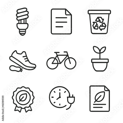Sustainability Icons Collection. Line style icons of Sustainability Tips: energy saver bulb, paperless doc, recycle bin, carbon