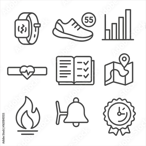 Energy Tracking Icons. Line style icons of Energy Expenditure Tracking: accelerometer band, step counter shoe, METs chart,