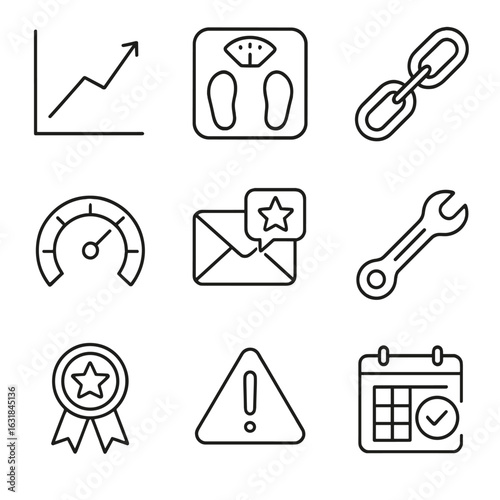 Progress Monitoring Icons. Line style icons of Follow-up & Progress Monitoring: progress line graph, weigh-in scale, habit tracker