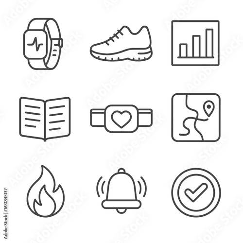 Energy Tracking Icons. Line style icons of Energy Expenditure Tracking: accelerometer band, step counter shoe, METs chart,