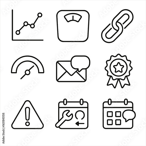 Progress Monitoring Icons. Line style icons of Follow-up & Progress Monitoring: progress line graph, weigh-in scale, habit tracker