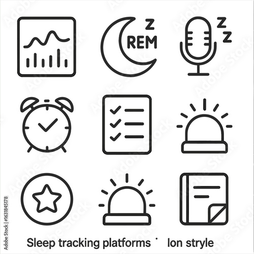 Sleep Tracker Icons. Line style icons of Sleep Tracking Platforms: sleep graph, REM moon, snore mic, smart alarm, bedtime routine