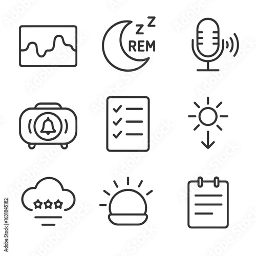 Sleep Tracker Icons. Line style icons of Sleep Tracking Platforms: sleep graph, REM moon, snore mic, smart alarm, bedtime routine