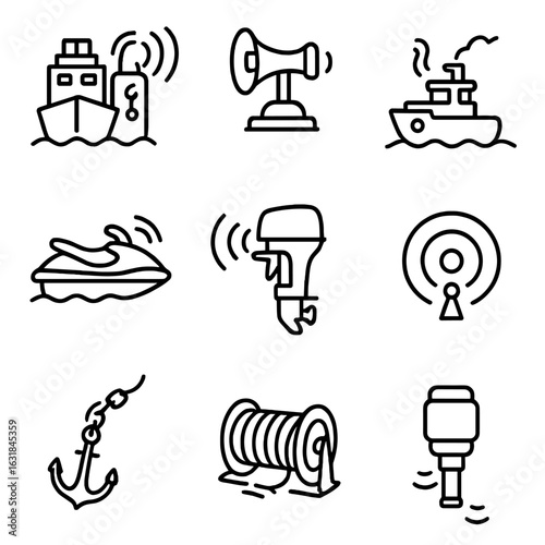Marine Vessel Noise Icons. Outline style icon of Marine Vessel Noise: cargo ship engine, ferry horn, tugboat diesel, jet ski whine