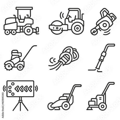 Road Maintenance Icons. Outline style icon of Road Maintenance Noise: asphalt paver, road roller vibrate, concrete saw, stump