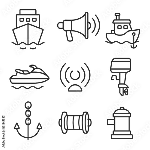 Marine Vessel Noise Icons. Outline style icon of Marine Vessel Noise: cargo ship engine, ferry horn, tugboat diesel, jet ski whine