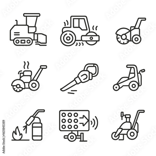 Road Maintenance Icons. Outline style icon of Road Maintenance Noise: asphalt paver, road roller vibrate, concrete saw, stump
