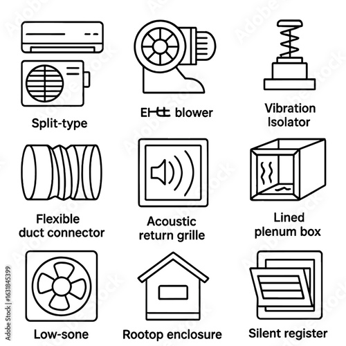 Quiet HVAC Icon Design. Outline style icon of Quiet HVAC Solutions: split inverter compressor, ECM blower motor, vibration