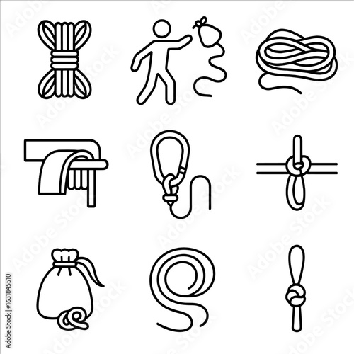 Rope Management Icons. Outline style icon of Rope Management Skills: butterfly coil, rope bag toss, stack loop, edge pad, tether