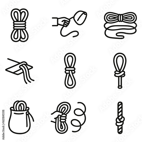Rope Management Icons. Outline style icon of Rope Management Skills: butterfly coil, rope bag toss, stack loop, edge pad, tether