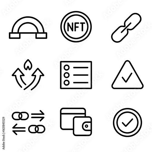 Cross-Chain NFT Bridge Icons. Outline style icon of Cross-Chain NFT Bridges: bridge arch, wrapped token, mint-burn arrows, proof