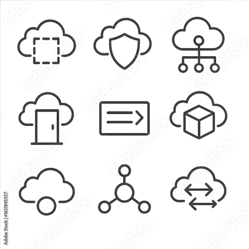 Cloud Networking Icons. Outline style icon of Cloud Networking Utilities: virtual VPC, security group shield, load balancer node,