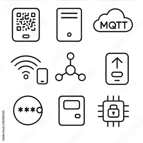 IoT Network Iconography. Outline style icon of IoT Network Provisioning: device QR, bootstrap server, MQTT broker cloud, wifi