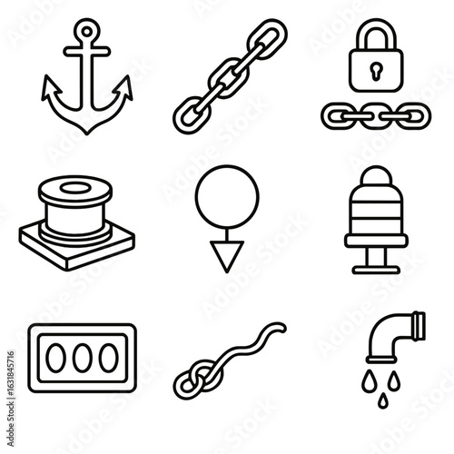Anchoring Equipment Icons. Outline style icon of Anchoring Equipment Icons: anchor symbol, anchor chain, chain stopper, windlass