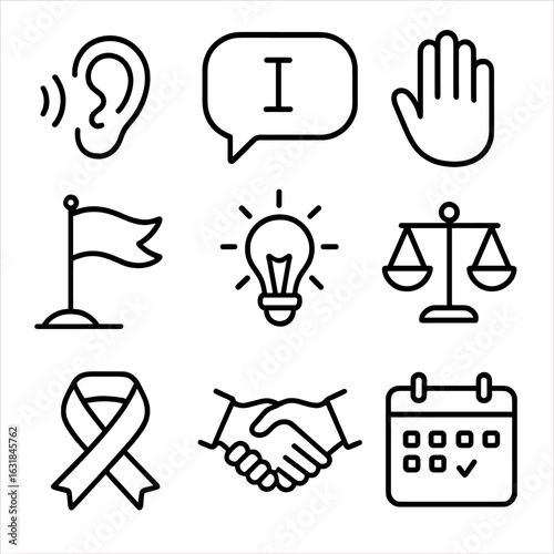Conflict Resolution Icons. Outline style icon of Conflict Resolution Steps: active listening ear, I-statement bubble, pause hand,