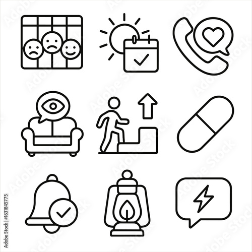 Depression Support Icons. Outline style icon of Depression Support Symbols: mood tracker chart, activity scheduling sun, support