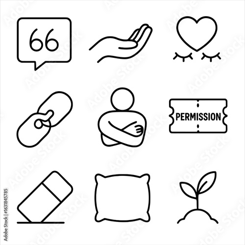 Self-Compassion Icons. Outline style icon of Self-Compassion Reminders: kind word quote, gentle hand, mindfulness heart, common