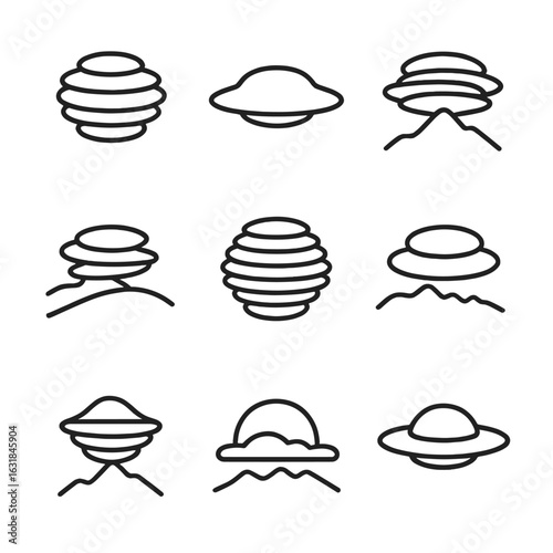 Lenticular Cloud Icons. Outline style icon of Lenticular Clouds: lens stack, hovering saucer, mountain wave crest, smooth disk,