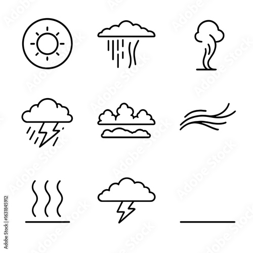 Desert Sky Icons. Outline style icon of Desert Sky Clouds: high cirrostratus halo, virga streak, dust devil plume, monsoon