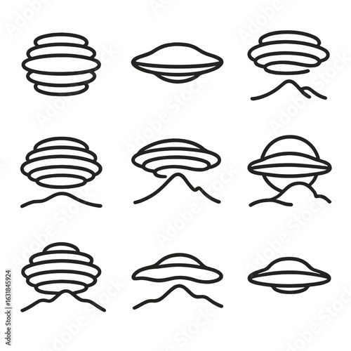 Lenticular Cloud Icons. Outline style icon of Lenticular Clouds: lens stack, hovering saucer, mountain wave crest, smooth disk,