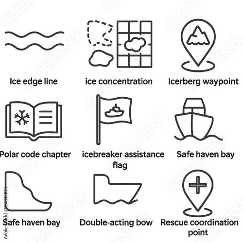 Arctic Navigation Outline. Outline style icon of Arctic Route Planning: ice edge line, polynya opening, ice concentration grid,