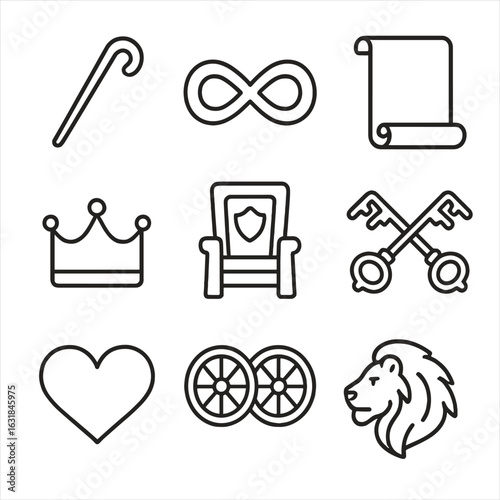 Tarot Arcana Icons. Outline style icon of Tarot Major Arcana: the fool staff, magician infinity, high priestess scroll, the