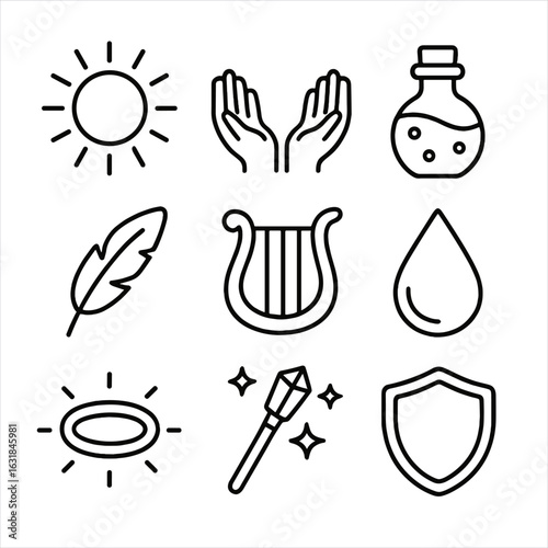 Light and Healing Icons. Outline style icon of Light & Healing Magic: radiant sunburst, healing hands, elixir vial, angelic