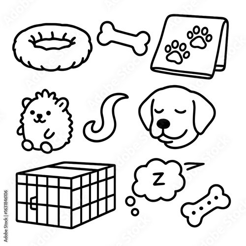 Dog Nap Essentials. Outline style icon of Doggie Nap Essentials: donut dog bed, chew toy pillow, paw print blanket, slow blink