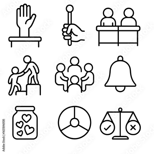 Classroom Icon Set. Outline style icon of Classroom Mutual Respect: raised hand rule, turn-talk stick, desk sharing line, peer
