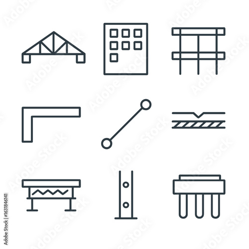 Structural System Icons. Outline style icon of Structural Systems: steel truss, concrete shear wall, column grid, cantilever beam,