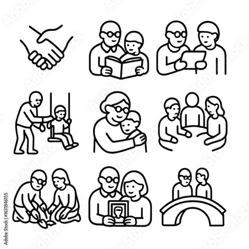 Respect Across Generations. Outline style icon of Respect Across Generations: interlocking hands, shared story book, tech teach