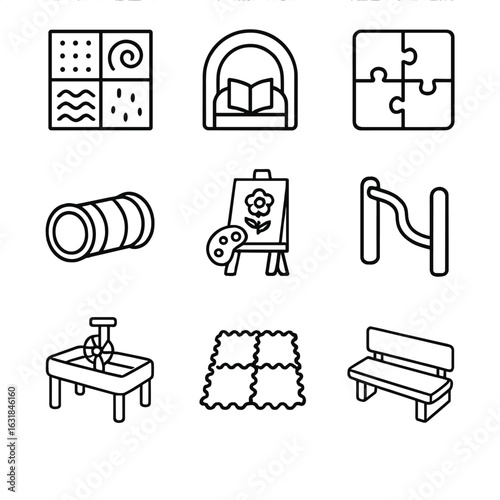 Children's Discovery Zone Icons. Outline style icon of Children’s Discovery Zones: tactile wall, reading nook, floor puzzle, crawl