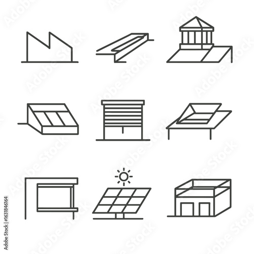 Roof Features Icon Outline. Outline style icon of Roof & Skylight Features: saw-tooth roof, linear skylight, lantern clerestory,