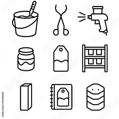 Ceramic Glazing Icon Set. Outline style icon of Ceramic Glazing Process: glaze bucket, hydrometer, dip tong, spray gun, wax resist