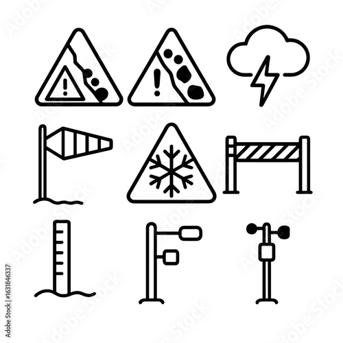 Weather Warning Icons. Outline style icon of Weather Warnings: avalanche sign, rockfall symbol, storm cloud icon, lightning strike