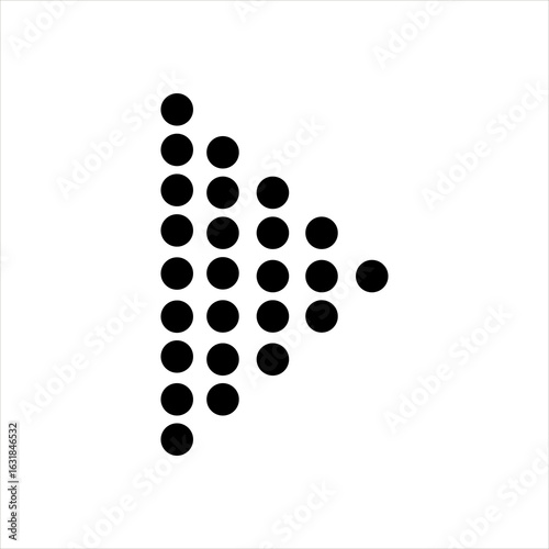 Play arrow made of black dots pointing right. Abstract halftone triangle icon for media control, interface design, web navigation, or digital button element.