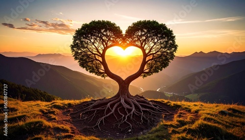 A heart-shaped tree with exposed roots silhouetted against a beautiful sunset over mountains, symbolizing love and nature.