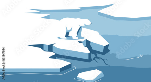 A lone polar bear standing on a small, cracking piece of arctic ice floe.