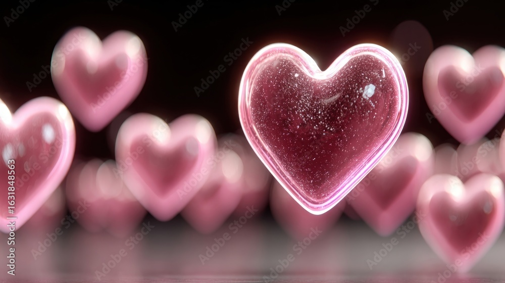 Fototapeta premium Neon lights hearts on dark background animation shiny and glowing romantic love motion background