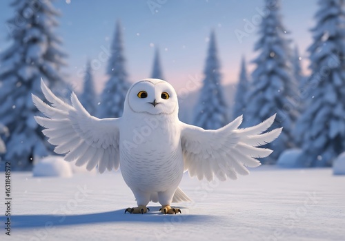 Snowy owl with outstretched wings in a wintery landscape.