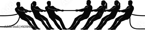 Tug of war team silhouette, group competition vector, teamwork challenge illustration, pulling rope game graphic, sports event concept isolated design