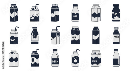 A comprehensive collection of various milk cartons and bottles presented in a minimalist flat design icon style, isolated on a clean white background.