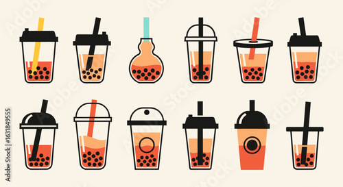 A vector illustration showcases a collection of diverse bubble tea cups, each filled with the popular beverage and tapioca pearls, set against a neutral background.