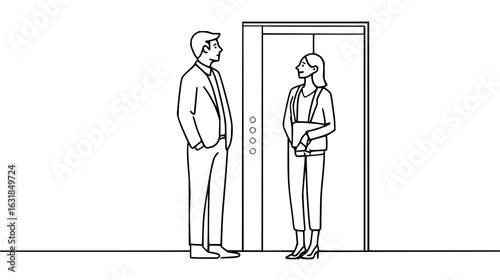 Man and woman waiting for an elevator in a building lobby having a conversation in black and white style